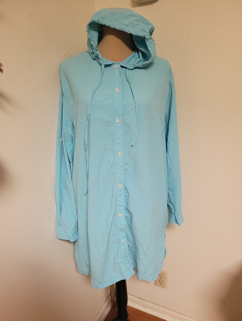 Coolibar Light Blue Hooded Button-Front Sun Coverup Tunic